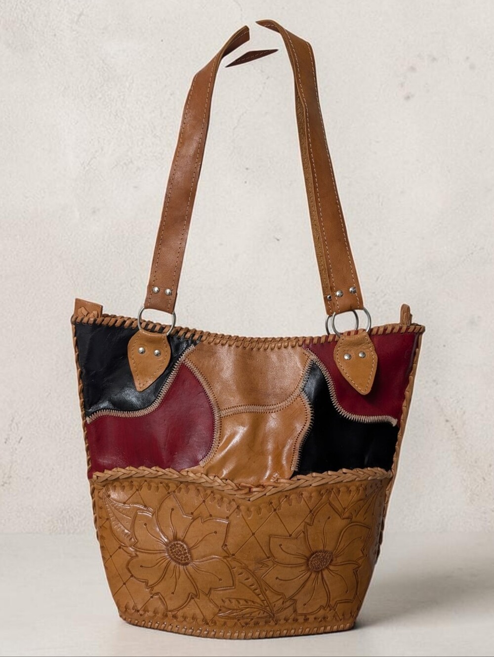Vintage Thaba Havana Leather Handcrafted Patchwork Tote Bag